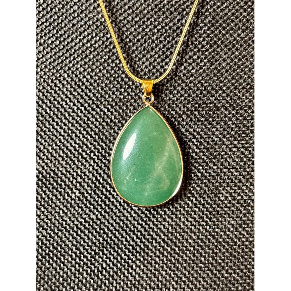 Green Aventurine Teardrop Pendant Necklace Gold Tone Stainless Steel Snake Chain